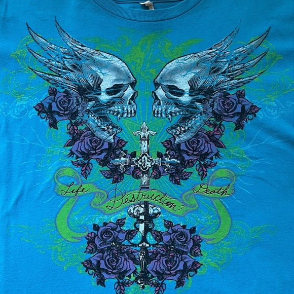 Vintage Soft Spun Men’s Extra Large Blue Skull And Rose Short Sleeve T-Shirt - Picture 2 of 3